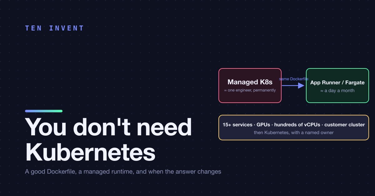 You don't need Kubernetes. You need a good Dockerfile and a place to run it.